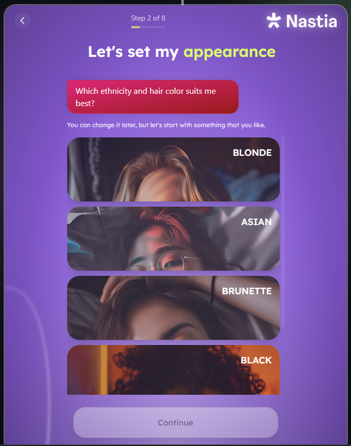 Nastia AI character creation