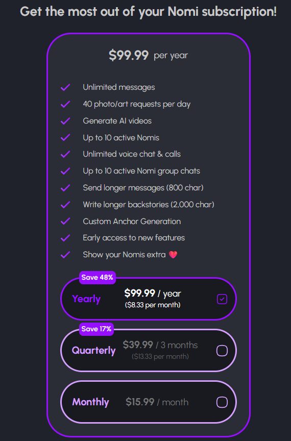 Nomi AI pricing